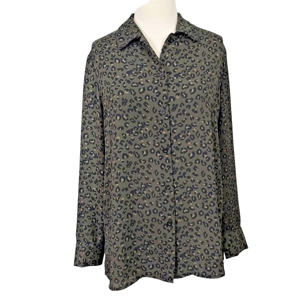 Chelsea & Theodore Women’s Size Large Gray Black Leopard Print Blouse Button Top